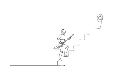 Poster - Animated self drawing of continuous line draw robot holding arrow running up stairway to high target. Robotic artificial intelligence. Electronic technology industry. Full length one line animation