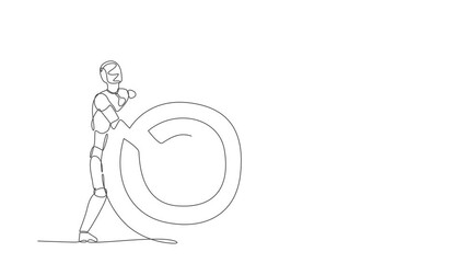 Poster - Self drawing animation of single line draw robot holding archer target pointing at bullseye. Future technology. Artificial intelligence and machine learning. Continuous line. Full length animated