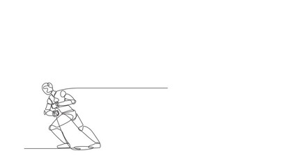 Poster - Animated self drawing of single continuous line draw robot standing and pulling big bag of money. Modern robotic artificial intelligence. Electronic technology industry. Full length one line animation