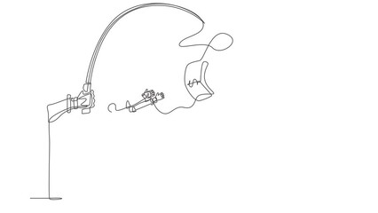 Poster - animated self drawing of continuous one line draw hand with fishing pole, dollar cash control greedy