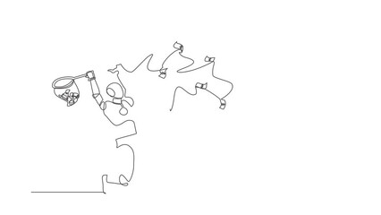 Poster - Animated self drawing of continuous line draw robot trying to catch flying money with butterfly net. Robotic artificial intelligence. Electronic technology industry. Full length one line animation