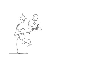 Poster - Self drawing animation of single line draw robot sitting on bomb with burning fuse and money bag. Future technology. Artificial intelligence and machine learning. Continuous line. Full length animated