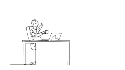 Fototapete - animated self drawing of continuous line draw robot relaxed at desk and drink cup of coffee. humanoi