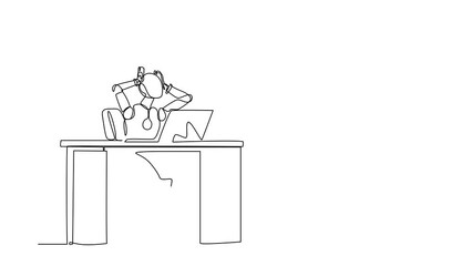 Poster - self drawing animation of single one line draw frustrated robot sitting at laptop, holding head. fut