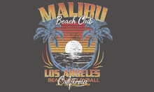 Malibu Beach With Palm Tree Vector T-shirt Design. Summer Vibes Artwork Design. Surf Club.