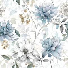 Seamless pattern with blue flowers. Watercolor flowers, leaves. Elegant endless botanical AI Illustration, wallpaper, background. Repeat fashion print for fabric, clothes. 