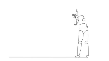 Canvas Print - Animated self drawing of continuous line draw robot worker holding electric drill tool for repair. Humanoid robot cybernetic organism. Future robotics development. Full length single line animation