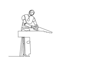 Poster - Self drawing animation of single line draw robot repairman, builder sawing boards. Future technology development. Artificial intelligence machine learning. Continuous line draw. Full length animated