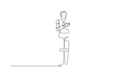 Poster - Self drawing animation of single line draw robot keeping hands on chest. Smiling friendly robot expressing gratitude. Artificial intelligence machine learning. Continuous line. Full length animated