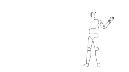 Poster - Animated self drawing of continuous line draw robot pointing away hands together showing or presenting something. Robotic artificial intelligence. Electronic technology. Full length one line animation
