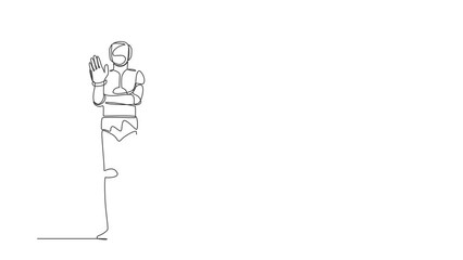 Poster - Self drawing animation of single line draw robot showing palm as stop sign, stay, hold gesture. Future technology. Artificial intelligence machine learning. Continuous line draw. Full length animated