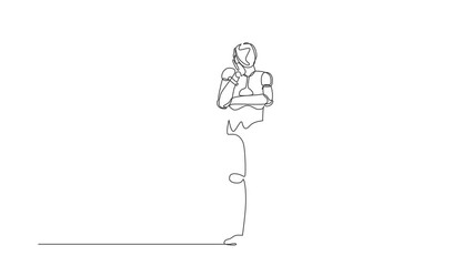 Poster - Animated self drawing of single continuous line draw robot bored or tired keeping hand on cheek. Robot suffering from toothache. Modern robotic artificial intelligence. Full length one line animation