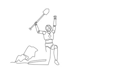 Poster - Animated self drawing of continuous line draw happy robot lifting shovel and finding chest treasure. Humanoid robot cybernetic organism. Future robotics development. Full length single line animation