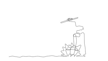 Poster - Animated self drawing of continuous line draw robot digging ground with shovel finding big diamond. Robotic artificial intelligence. Electronic technology industry. Full length one line animation