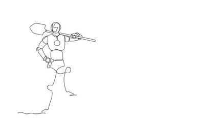 Poster - animated self drawing of single continuous line draw robot digging ground with shovel and finding tr