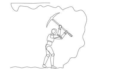 Poster - self drawing animation of single one line draw robot digging with pickaxe looking for hidden treasur