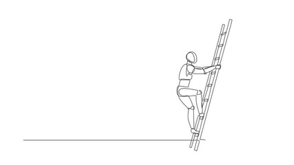 Poster - Animated self drawing of continuous line draw robot climbing up the wall with ladder. Business obstacle metaphor. Robotic artificial intelligence. Electronic technology. Full length one line animation