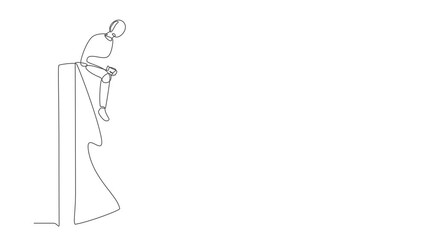 Poster - animated self drawing of continuous line draw robot sad sitting on wall thinking of profit loss. rob