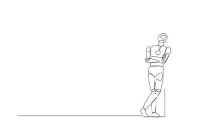 Poster - Animated self drawing of continuous line draw robot standing lean against wall, thinking something. Robotic artificial intelligence technology. Electronic technology. Full length one line animation