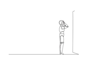 Poster - Self drawing animation of single one line draw robot standing confused in front of brick wall barriers. Technology. Artificial intelligence machine learning. Continuous line draw. Full length animated