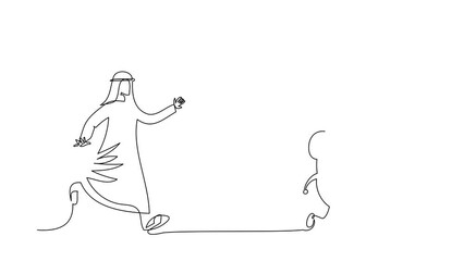 Poster - Animated self drawing of continuous line draw Arabian businessman chasing alarm clock. Management control and schedule work. Organization task and business deadline. Full length single line animation