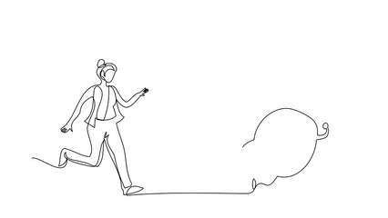 Poster - Animated self drawing of continuous line draw stressed businesswoman chasing alarm clock. Manager being chased by work deadlines. Running out of time. Business metaphor. Full length one line animation