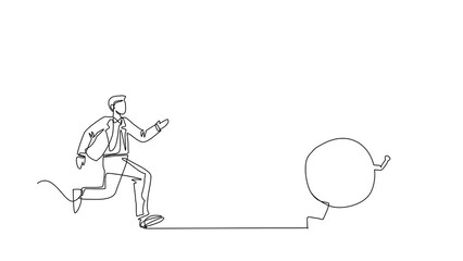 Poster - Animated self drawing of continuous one line draw stressed businessman chasing alarm clock. Manager being chased by work deadlines. Running out of time. Business. Full length single line animation