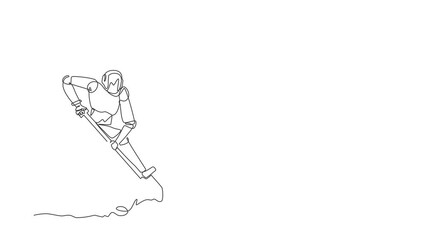 Poster - Animated self drawing of continuous line draw robot step on shovel and digging in dirt to find chest treasure. Humanoid robot cybernetic organism. Future robotics. Full length single line animation