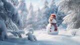 Fototapeta Zwierzęta - Realistic snowman smiling standing in snow near spruce trees. Cute new year, christmas holiday character smiling in red mittens scarf and hat. Generative AI