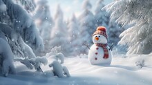 Realistic Snowman Smiling Standing In Snow Near Spruce Trees. Cute New Year, Christmas Holiday Character Smiling In Red Mittens Scarf And Hat. Generative AI