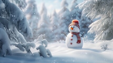 Wall Mural - Realistic snowman smiling standing in snow near spruce trees. Cute new year, christmas holiday character smiling in red mittens scarf and hat. Generative AI