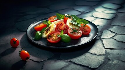 Caprese salad vegetarian meal on dark background. Generative AI