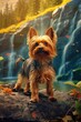 Yorkshire Terrier in nature at mountain valley. Generative AI