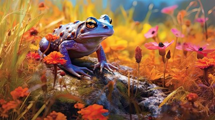 Frog in field of wild flowers. Generative AI