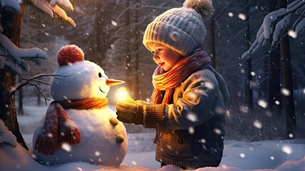 Wall Mural - Realistic snowman smiling standing in snow near spruce trees. Cute new year, christmas holiday character smiling in red mittens scarf and hat. Generative AI