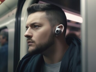 Wall Mural - A man with ear buds on a train. AI generative image.