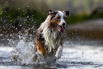 Canvas Print - Beautiful shot of a dog playing in the river and enjoying the water with making splashes