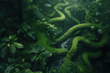 Wall Mural - A lush green forest filled with lots of plants. AI generative image.