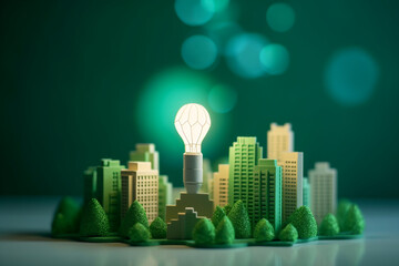 light bulb paper with green eco friendly city in 2060 Save energy creative idea concept,ai generative
