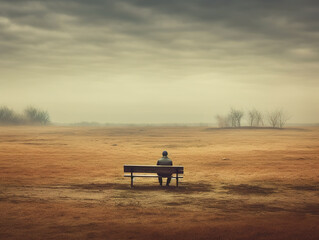 The person sitting alone on a desolate park bench, surrounded by an empty landscape. The desaturated colors evoke a sense of melancholy, emphasizing the theme of loneliness and depression.