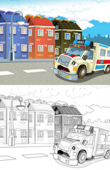 Wall Mural - cartoon scene in the city with happy ambulance - illustration for children