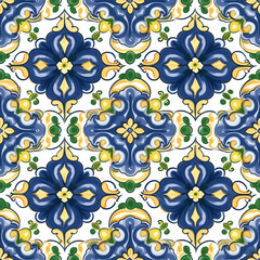 Wall Mural - Generative AI Portuguese traditional ornate azulejo, different types of tiles 6x6, seamless vector pattern in blue, yellow, green and white colors