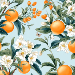 Generative AI Mandarin floral pattern. Hand drawn tree branches with ripe tangerins, leaves and flowers on blue background. Vector illustration