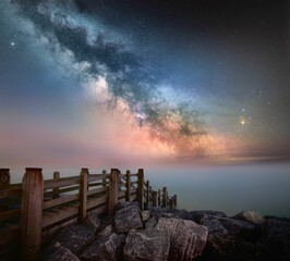 Wall Mural - View of the boardwalk and rocks against the Milky Way. Beautiful astrophotography.