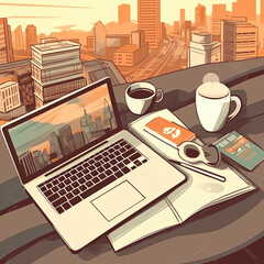 Aufkleber - generative ai business top view scene with computer, documents, calculator, notepad, coffee cup. fla