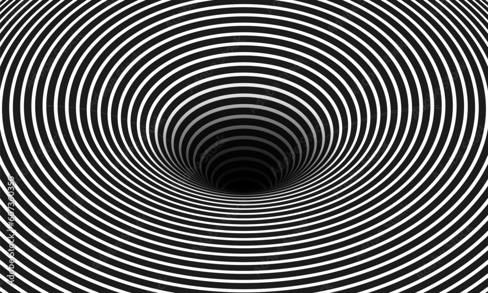 Abstract optical illusion. Hypnotic spiral tunnel with black and white ...