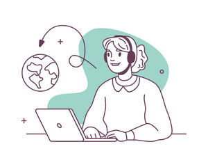 Poster - Customer service call center worker with laptop, worldwide cooperation. Vector illustration of woman in headset, operator agent character, helpline assistant representative