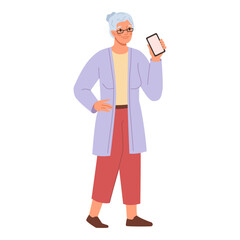Aufkleber - Woman show smartphone screen. Old lady with mobile phone, follow me concept. Travel person, senior granny and modern technology, empty screen advertisement mobile phone