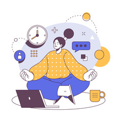 Aufkleber - Woman sitting in yoga pose in front of laptop, freelancer meditating at home near computer screen. Vector illustration of cartoon girl working at home, employee online on quarantine