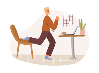 Poster - Man working and stretching leg at workplace at home, fitness and yoga at work break, relaxation workout. Flat cartoon character businessman has rest and doing stretch exercises